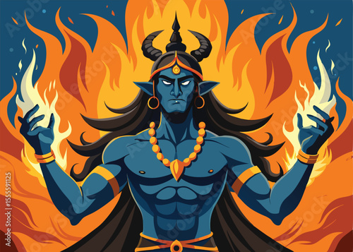 A vibrant illustration of Agni, the Hindu god of fire, depicted with a powerful and imposing demeanor.