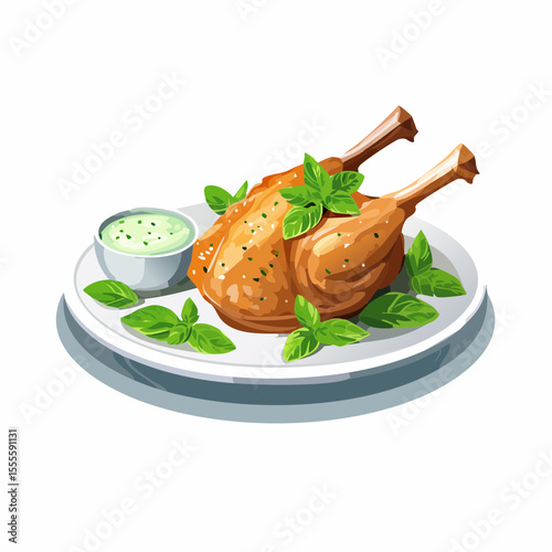 Gourmet roasted poultry legs garnished with fresh basil, served with a creamy herb dipping sauce on a white plate.