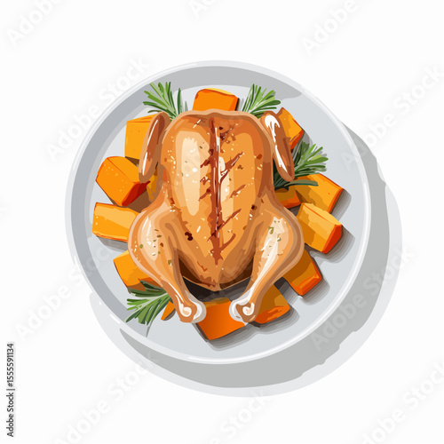 Top view of a whole roasted chicken served with pumpkin and rosemary. Homemade festive dinner concept vector illustration.