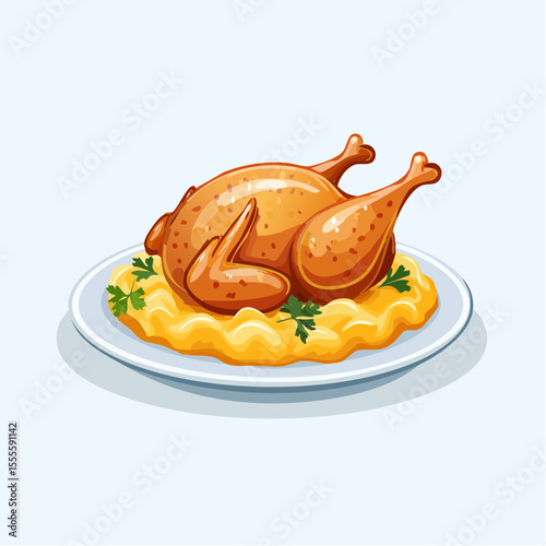 Vector illustration of a whole roasted chicken served on a plate with mashed potatoes and parsley. A classic holiday dinner meal.