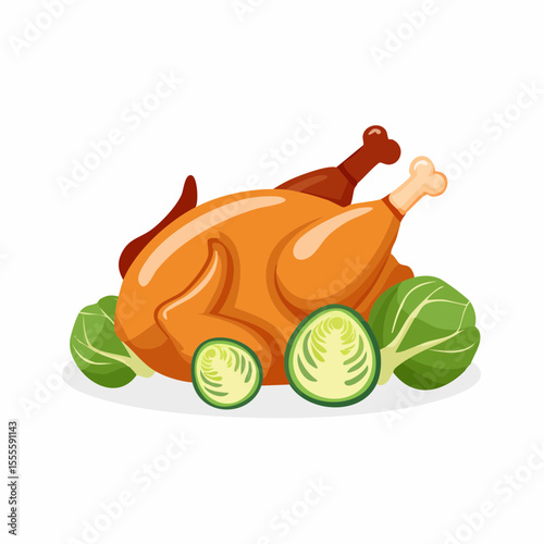 Golden roasted whole chicken or turkey garnished with fresh brussels sprouts. A festive meal for Thanksgiving or a holiday dinner celebration.