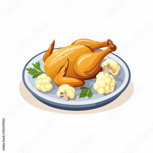 Golden roasted whole chicken served with cauliflower and parsley on a platter, isolated vector illustration for a festive meal.
