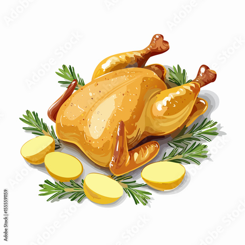 Delicious roasted chicken with potatoes and rosemary garnish, a savory illustration for a festive holiday meal.