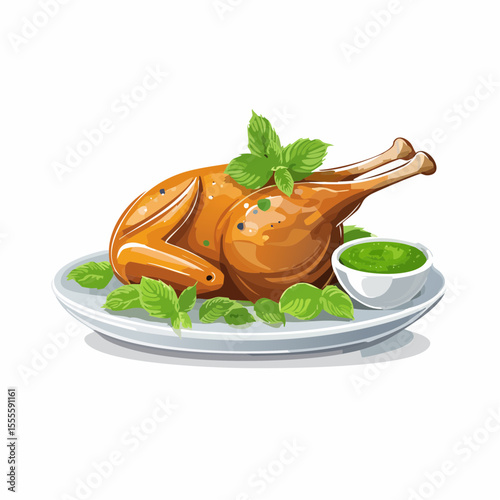 Gourmet roasted poultry with mint herb sauce, an appetizing illustrated dish for a festive dinner.
