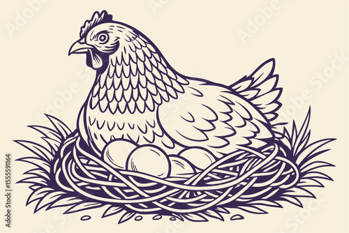 Hen and Eggs Vintage Line Art