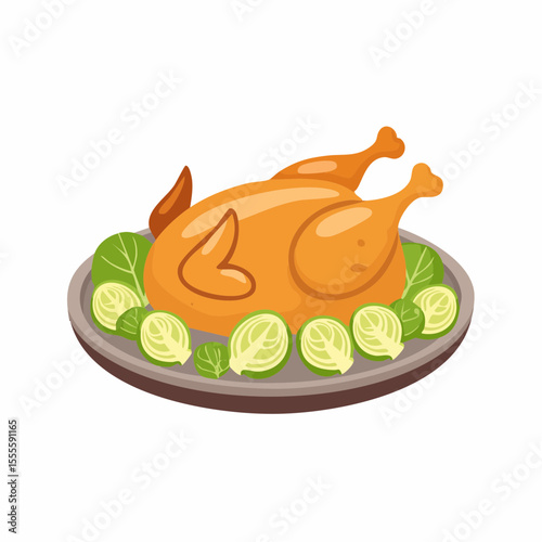 Cartoon illustration of a whole roasted chicken served on a platter with brussels sprouts. Traditional festive holiday dinner.
