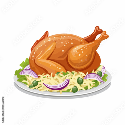 Delicious whole roasted chicken with rice pilaf and vegetable garnish for a festive holiday dinner