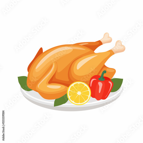 Golden brown roasted chicken on a serving dish with fresh lemon and bell pepper, a celebratory dinner concept.