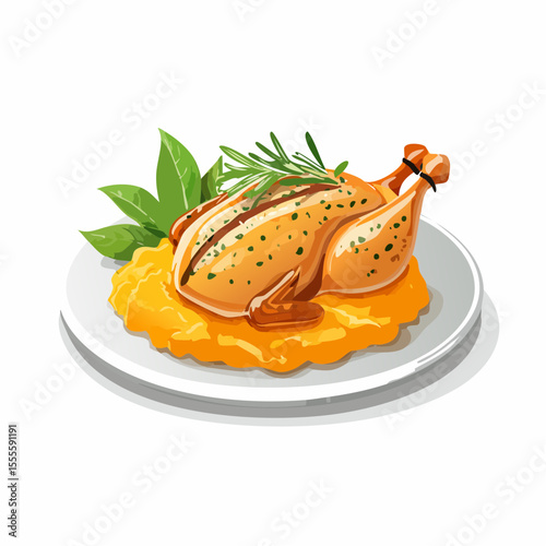 Gourmet roasted chicken meal with fresh rosemary and herbs served on creamy mashed potatoes. A delicious traditional dinner concept.