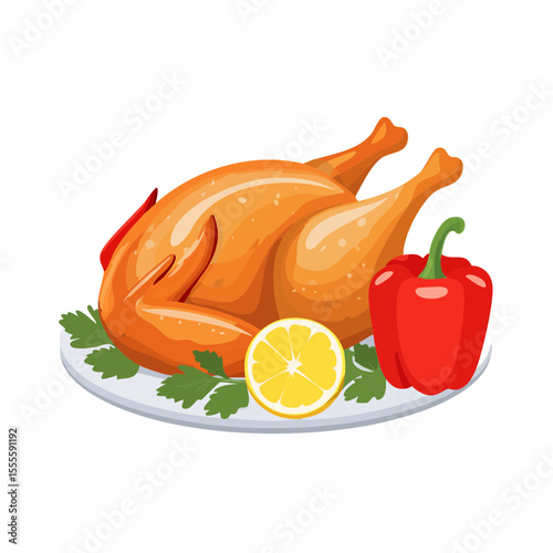 Delicious roasted whole chicken on a platter with lemon, parsley, and red bell pepper garnish. A classic main course for a festive family dinner.