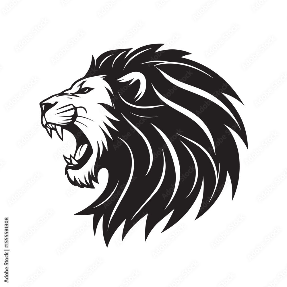Fototapeta premium Minimalistic black vector silhouette of a roaring lion head in side profile with strong bold lines on transparent PNG format – big cat emblem, predator icon, wild animal contour art design