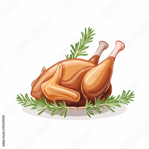 Vector illustration of a golden brown roasted chicken or turkey with rosemary herb garnish for a traditional holiday feast.