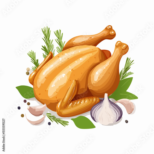 Appetizing whole roasted chicken with aromatic herbs and garlic. A classic dish for festive meals and family dinners.