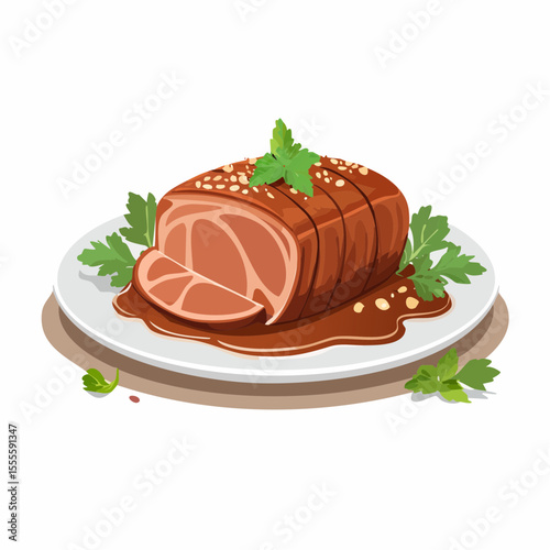 Delicious sliced pork roast with rich brown gravy and fresh parsley garnish, served on a white plate. A gourmet meat dish illustration.