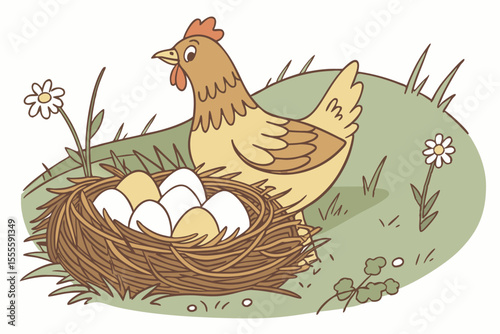 Rustic Hen with Eggs Doodle Illustration