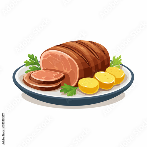 Delicious roasted meat loaf, sliced and served on a platter with potatoes and fresh parsley garnish. A classic homemade Sunday dinner concept.