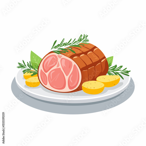 Delicious roasted pork ham with potatoes and rosemary, a traditional festive holiday dinner concept.