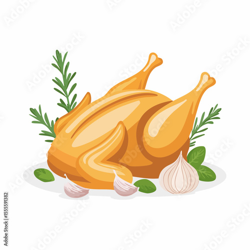 Delicious roasted whole chicken with rosemary, garlic, and basil. A festive poultry dish for a holiday dinner or family meal. Vector illustration.