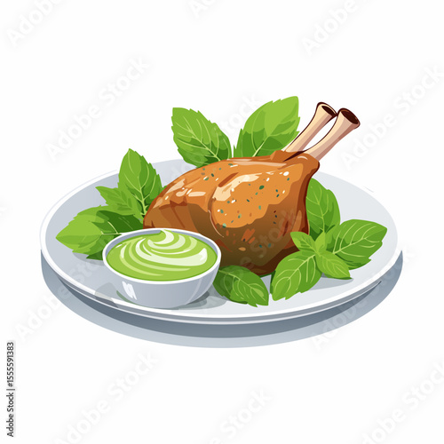 Gourmet roasted lamb shank with a side of creamy mint sauce, garnished with fresh basil leaves on a plate. An appetizing meal illustration.