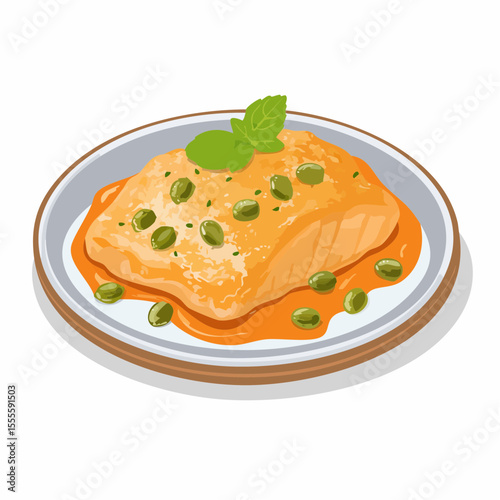 Gourmet pan-seared salmon fillet with capers and sauce, a concept for a healthy and delicious seafood dinner.