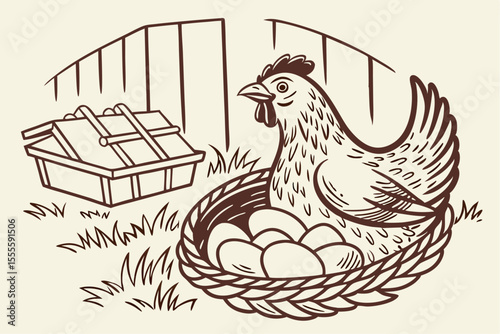 Hen and Eggs Vintage Line Art