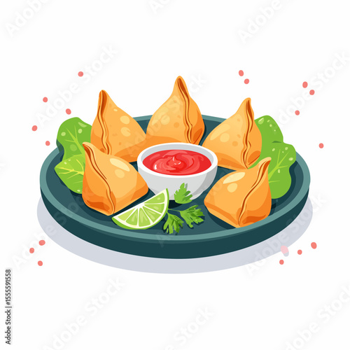 Delicious plate of traditional Indian samosas with dipping sauce and lime. A popular Asian appetizer and street food snack illustration.