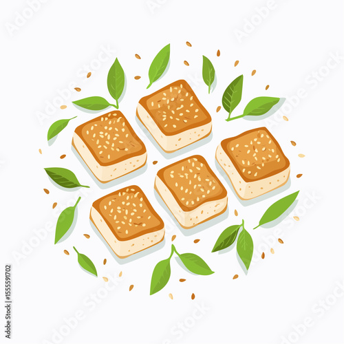 Circular composition of golden brown fried tofu bites sprinkled with sesame seeds, decorated with green leaves. Vegan food illustration.