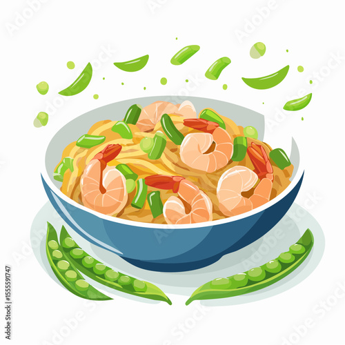 A vibrant illustration of a savory shrimp noodle bowl with fresh green peas, representing a delicious Asian seafood meal.