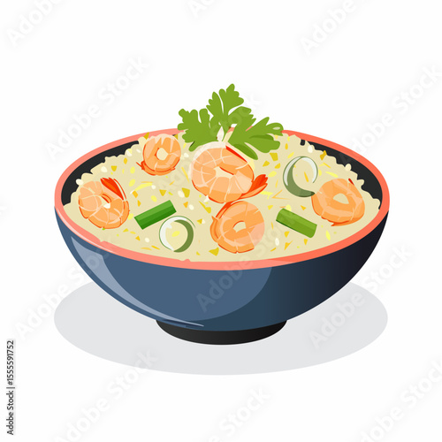 Savory shrimp fried rice served in a traditional bowl. An illustration of a popular Asian seafood dish.