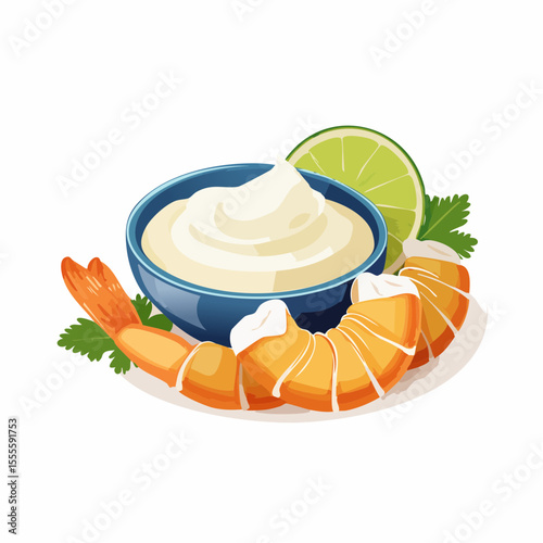 A delicious appetizer of cooked shrimp served with a creamy white dipping sauce, a slice of lime, and fresh parsley