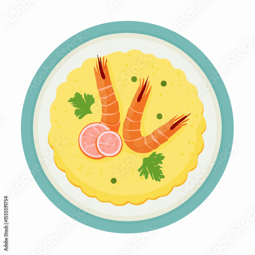 Gourmet seafood dish with shrimp and parsley garnish. Top view of a culinary plate with prawns on a creamy omelet.