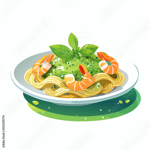 Delicious illustration of shrimp pesto pasta served on a plate with fresh basil garnish