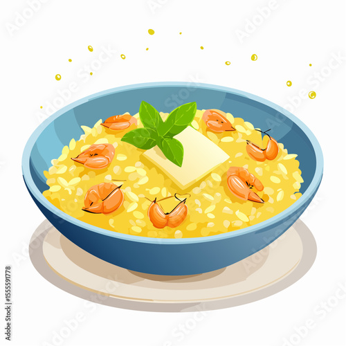 Gourmet Italian seafood risotto with shrimp, a pat of butter, and fresh herbs in a blue bowl. A delicious and savory culinary illustration.