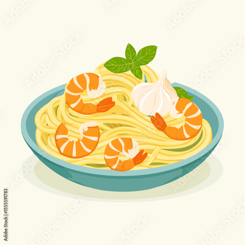 An appetizing illustration of a classic Italian seafood pasta dish with shrimp, fresh garlic, and basil leaves