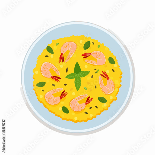 Delicious shrimp risotto served on a plate with fresh basil, top-down view. A concept for gourmet seafood dining.
