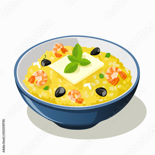 A savory bowl of creamy seafood risotto with shrimp, black olives, and a fresh basil garnish, isolated on a white background