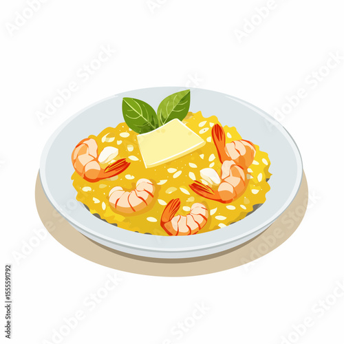 Gourmet Italian shrimp risotto served in a white bowl, topped with melting butter and fresh basil leaves. A delicious seafood meal illustration.