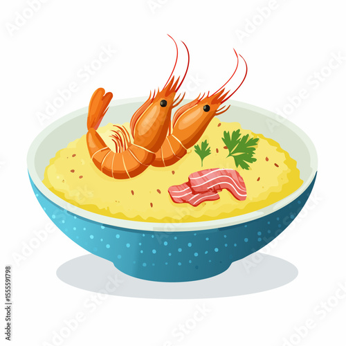 A delicious bowl of shrimp and rice, possibly risotto or porridge, garnished with prawns and bacon. Gourmet seafood meal vector illustration.