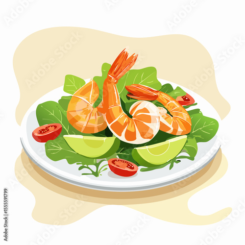 Delicious and healthy shrimp salad with fresh prawns, greens, tomatoes, and lime. Vector illustration of a light gourmet meal for a balanced diet.