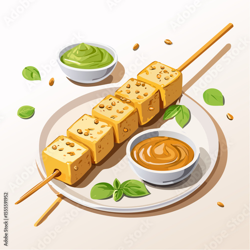 Appetizing grilled tofu skewer with peanut and pesto dipping sauces, a healthy vegetarian meal.
