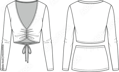  Fashion flat sketch of ruched drawstring crop top, deep V-neck, long sleeves, front and back view, technical garment design

flat vector illustration