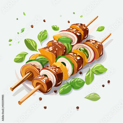 Vector illustration of appetizing grilled barbecue skewers with meat and fresh vegetables on a white background.