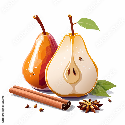 Aromatic composition of ripe pears with autumn spices. Illustration of cinnamon, star anise, and cloves for seasonal recipes.