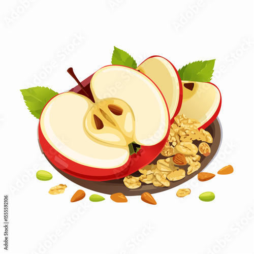 A delicious and healthy breakfast bowl with a sliced red apple, granola, and mixed nuts. A nutritious start to the day.