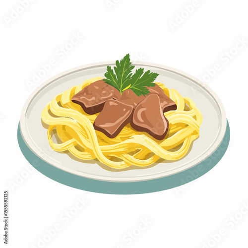 A savory plate of freshly made fettuccine pasta topped with a hearty meat sauce and garnished with parsley. A delicious Italian dish concept illustration.