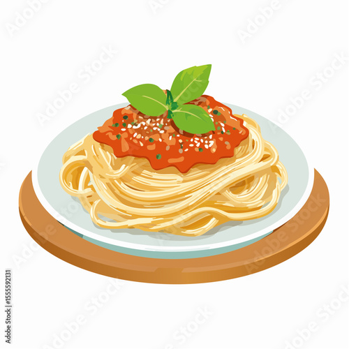 A flavorful plate of spaghetti with a rich tomato sauce, garnished with fresh basil. A classic Italian meal concept isolated on a white background.