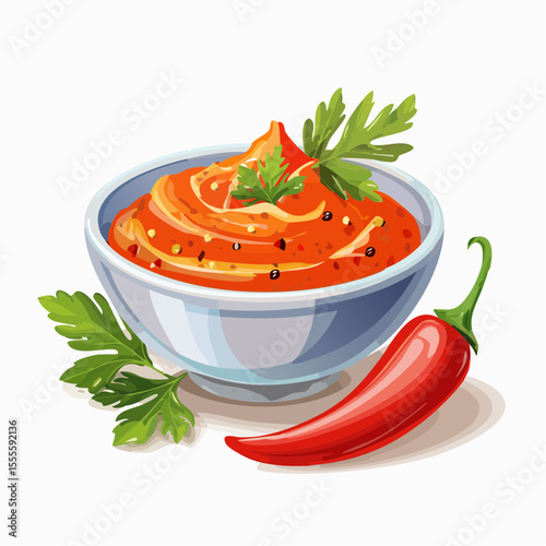 A flavorful bowl of homemade spicy red chili sauce, garnished with fresh parsley and a hot pepper. Vector food illustration isolated on a white background.