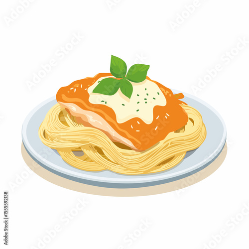 A delicious plate of spaghetti pasta with chicken, creamy tomato sauce, and fresh basil garnish on a white background.