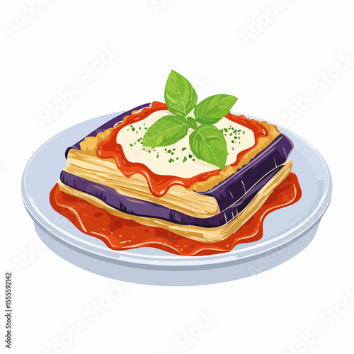 Delicious homemade eggplant parmesan with fresh basil, a classic Italian cuisine dish illustration.