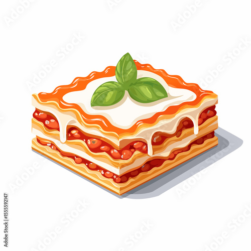 Delicious portion of traditional Italian lasagna with layers of pasta, rich bolognese sauce, creamy bechamel, and fresh basil on top.